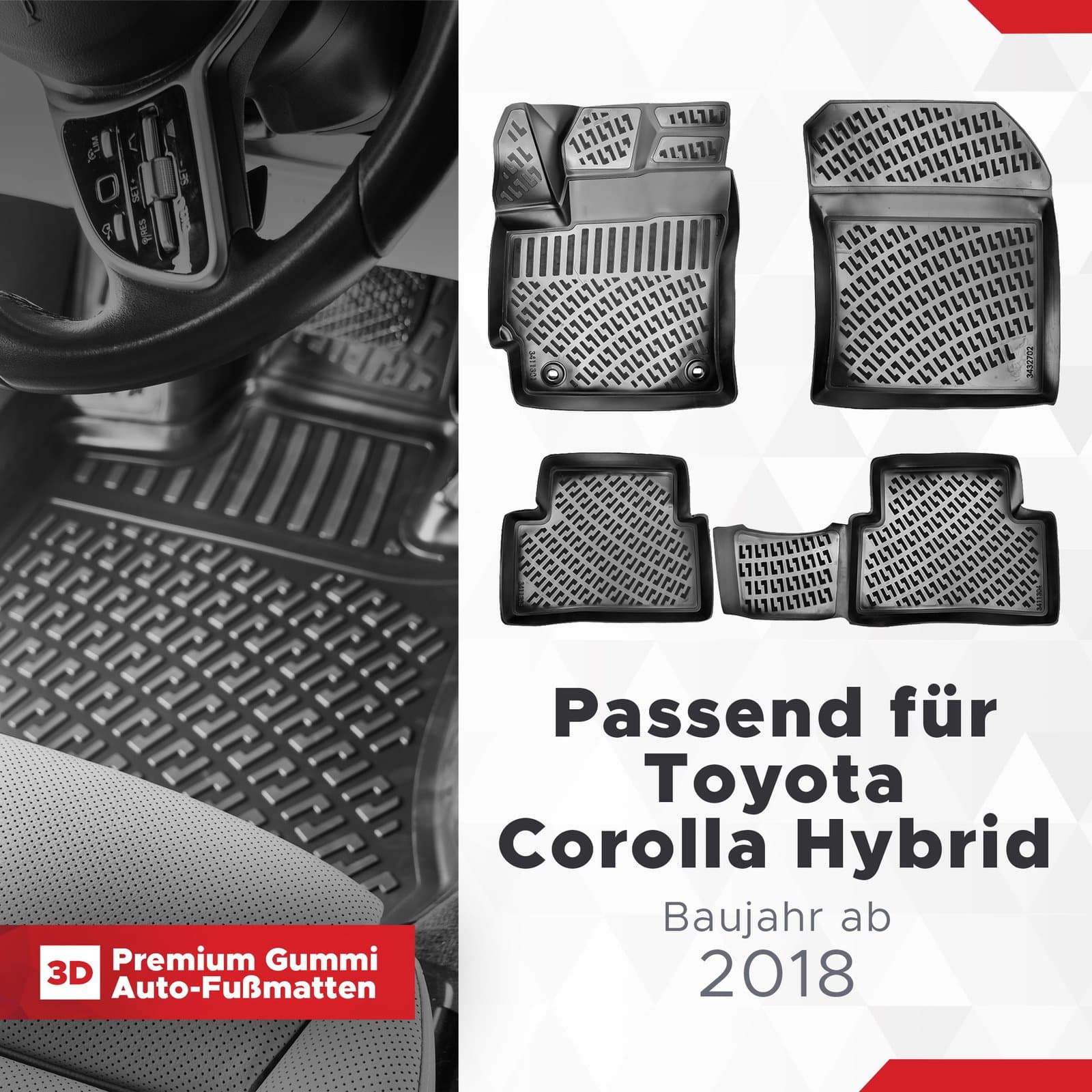 3D Auto Fussmatten Set passend für Toyota Corolla HYBRID Baujahr ab 2018