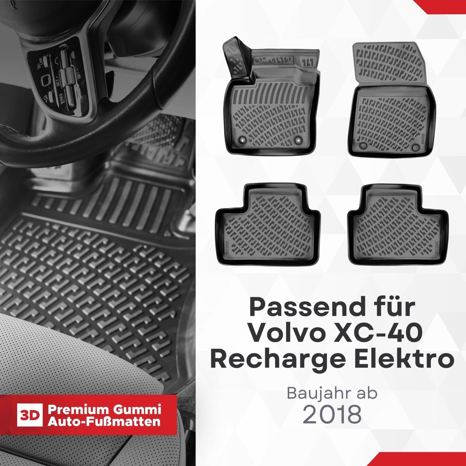 3D Auto Fussmatten Set passend für Volvo XC-40 Recharge Elektro Baujahr ab 2018