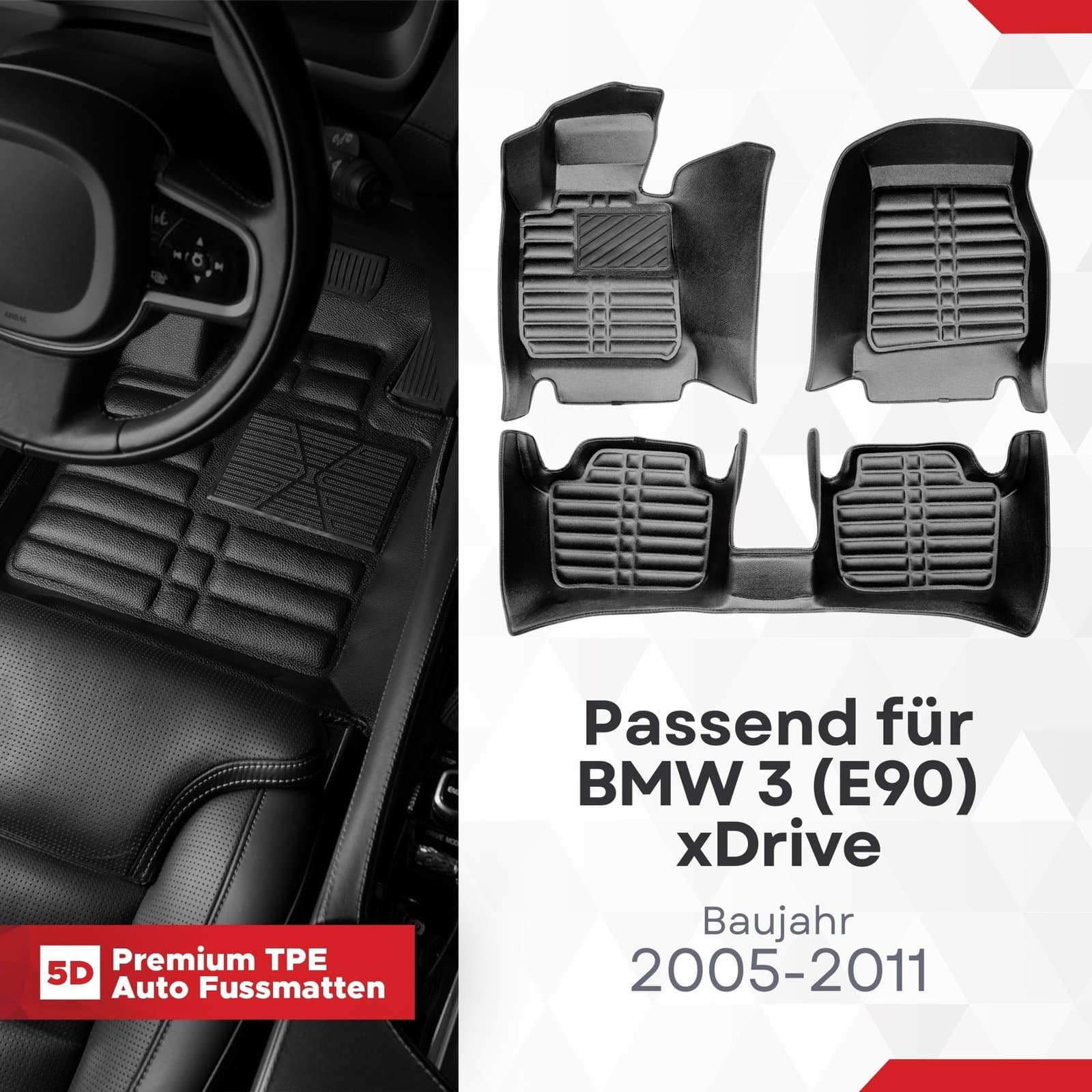 5D Premium Auto Fussmatten TPE Set passend für BMW 3 (E90) xDrive Baujahr 2005-2011