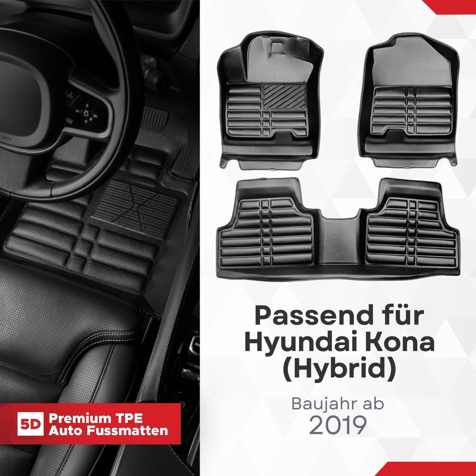 5D Premium Auto Fussmatten TPE Set passend für Hyundai Kona (Hybrid) Baujahr ab 2019