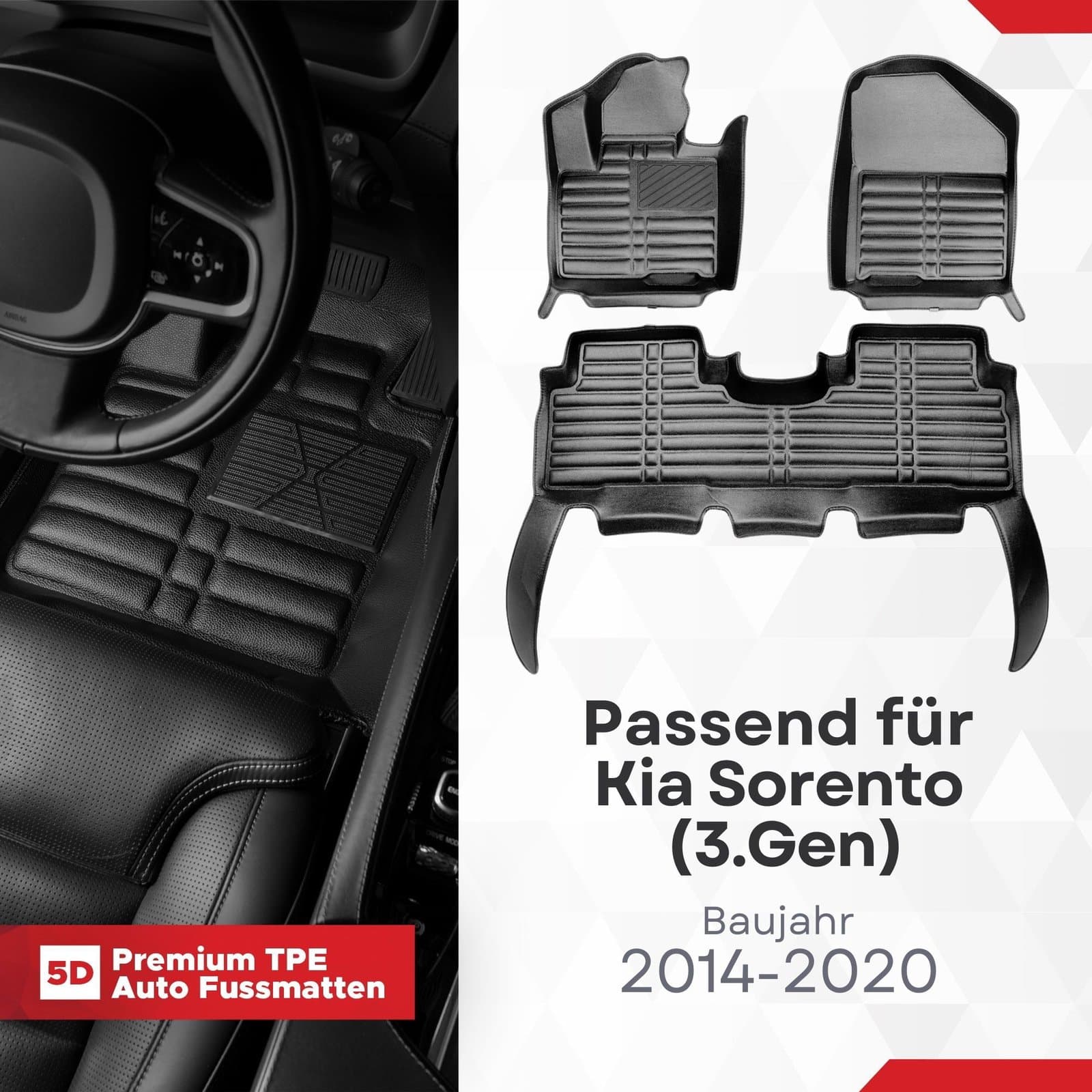 5D Premium Auto Fussmatten TPE Set passend für Kia Sorento (3.Gen) Baujahr 2014-2020