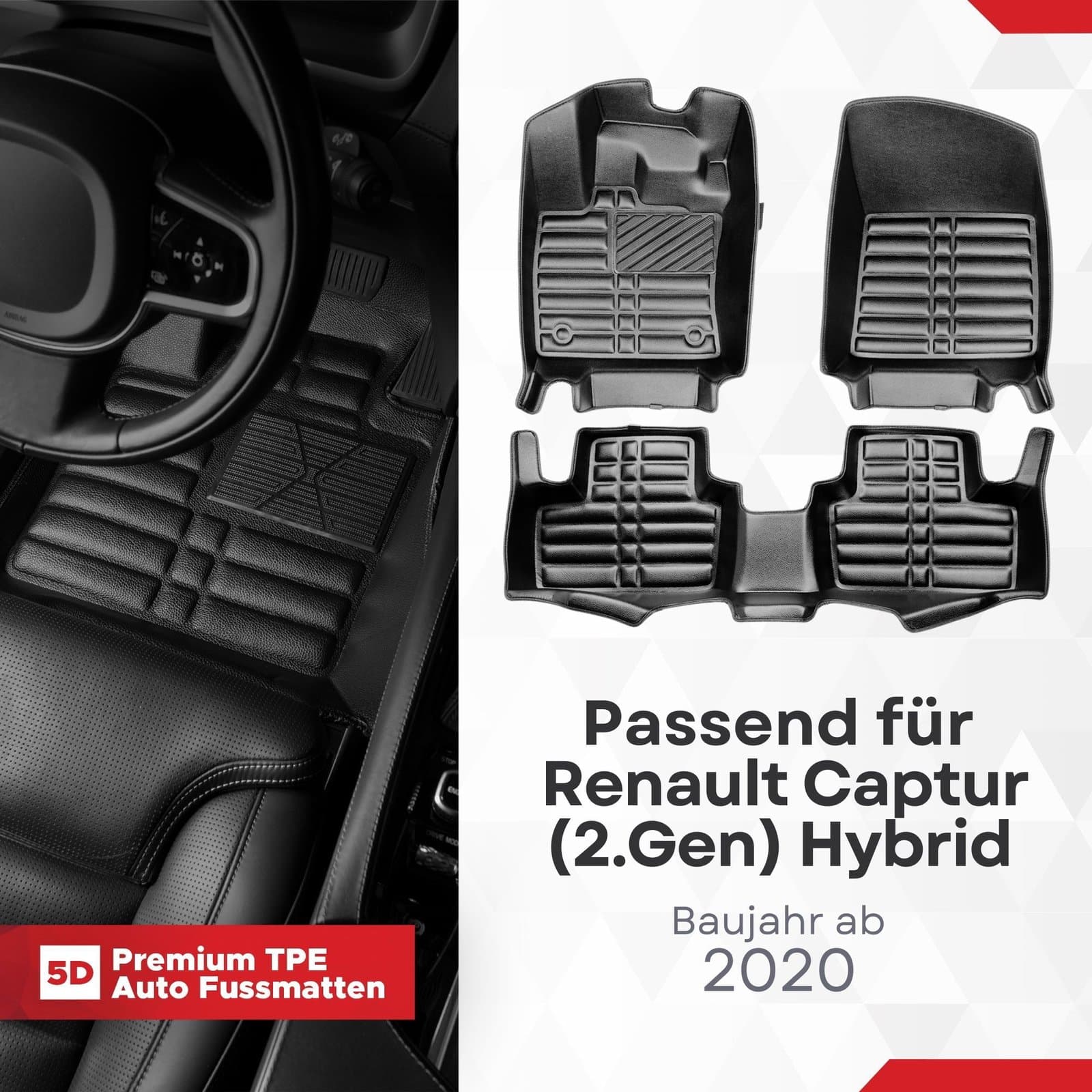 5D Premium Auto Fussmatten TPE Set passend für Renault Captur (2.Gen) Hybrid Baujahr ab 2020
