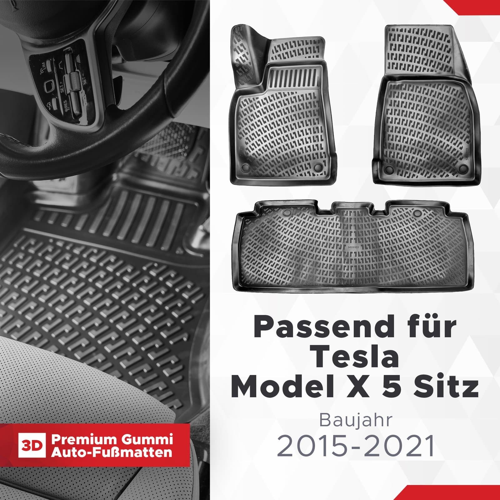 3D Auto Fussmatten Set passend für Tesla Model X 5 Sitz Baujahr 2015-2021