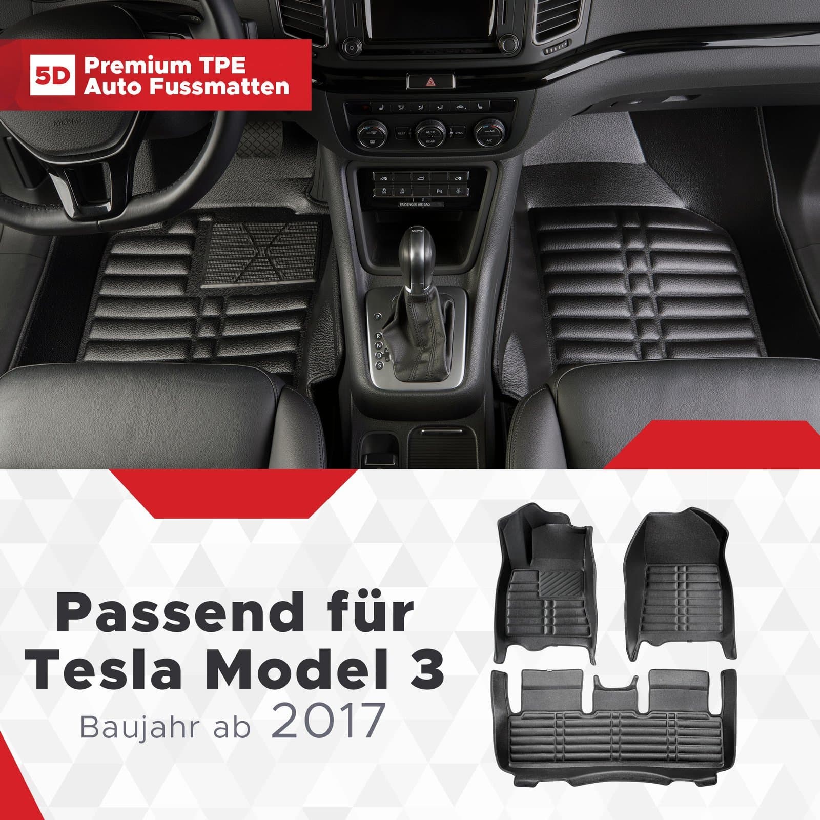 5D Premium Auto Fussmatten TPE Set passend für Tesla Model 3 Baujahr ab 2017