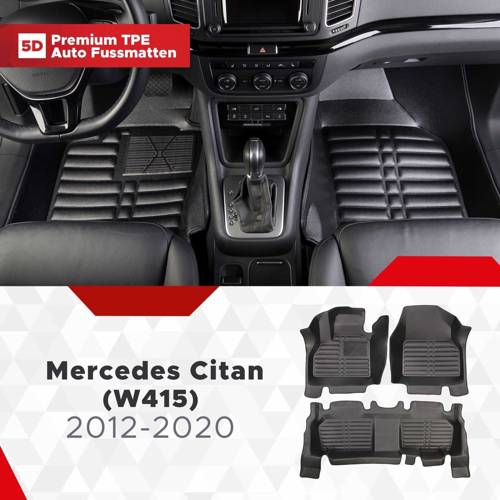 5D Premium Auto Fussmatten TPE Set passend für Mercedes Citan (W415) Baujahr 2012-2021