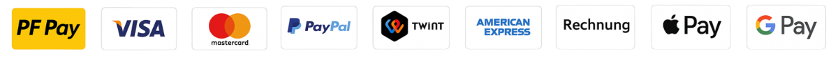 Zahlungsmethoden: PostFinance, Visa, Mastercard, PayPal, TWINT, American Express, Rechnung, Apple Pay, Google Pay